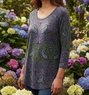 Lucky Brand - NWT, Paisley Blouse W/ 7" Slit In Back, 3/4 Sleeve, Round Neck